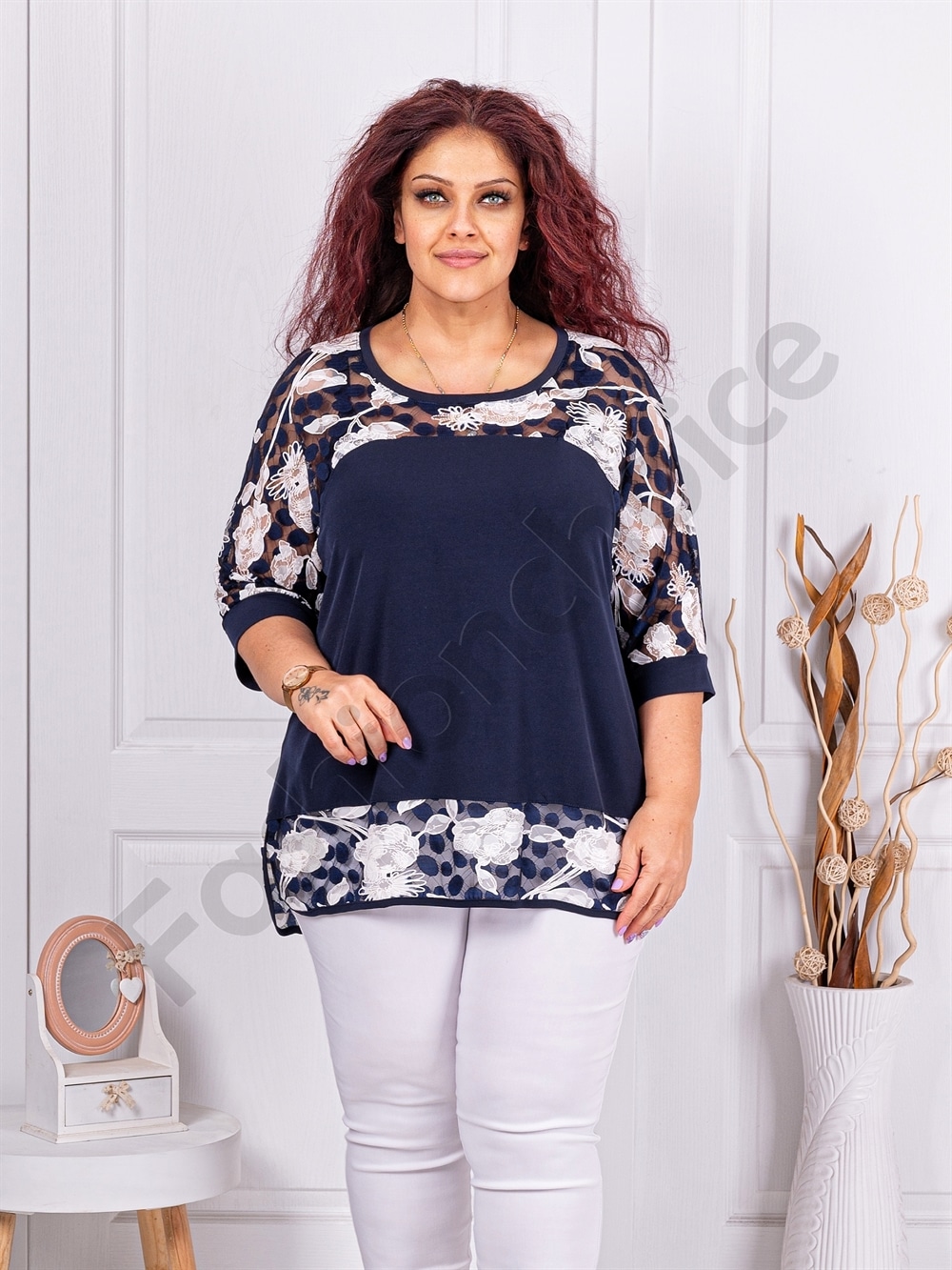 Plus size μπλούζα με τούλι με πουά-κωδ 23022