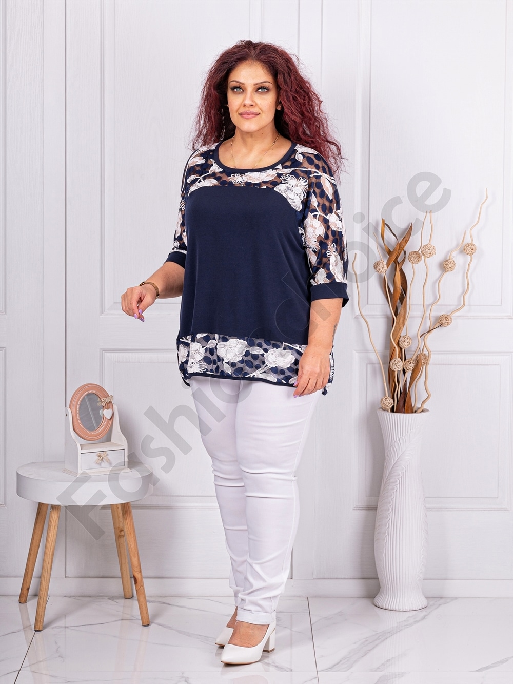 Plus size μπλούζα με τούλι με πουά-κωδ 23022