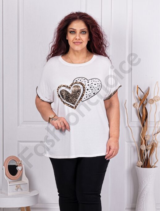 Plus size μπλούζα με καρδιές και στρας-λευκό-κωδ 353-2