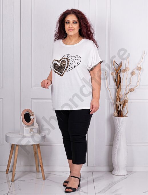 Plus size μπλούζα με καρδιές και στρας-λευκό-κωδ 353-2