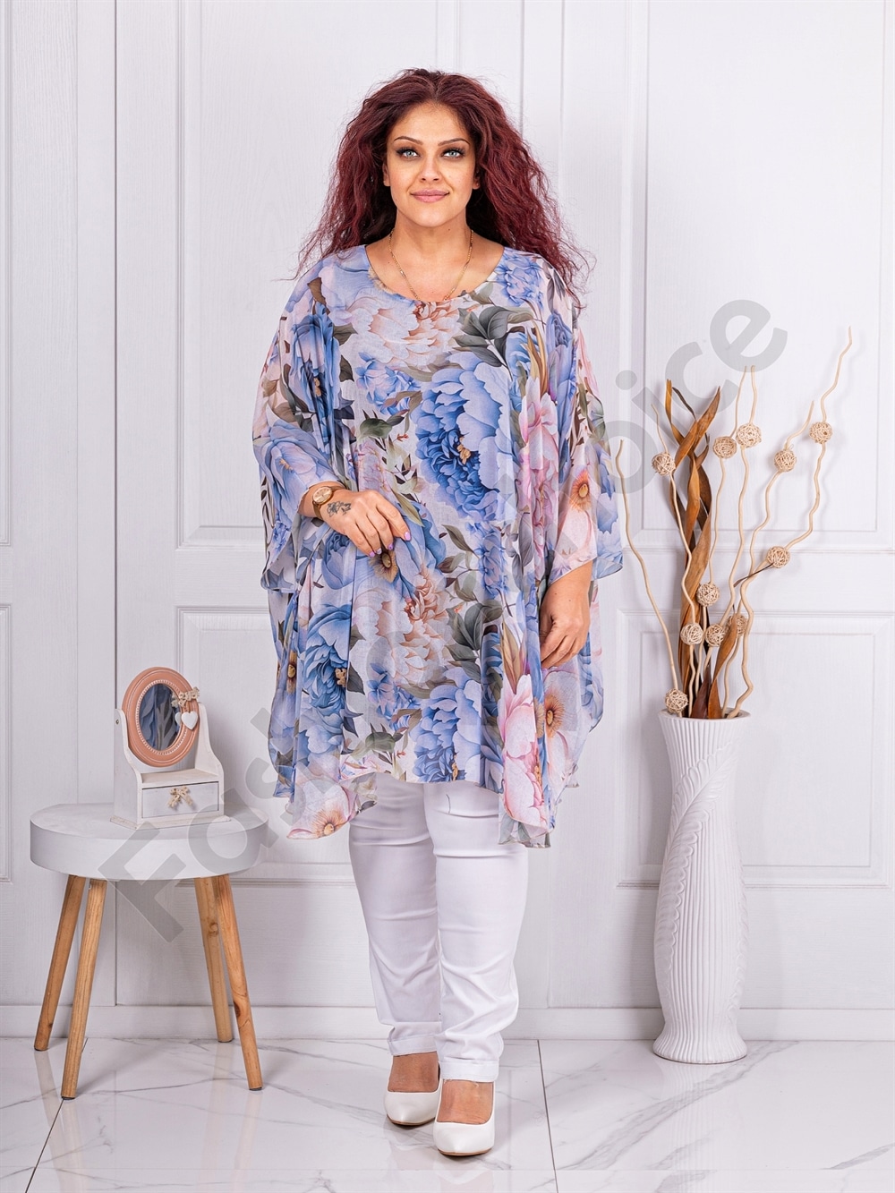 Plus size τουνίκ πόντσο φλόραλ-μπλε-κωδ 255021-7