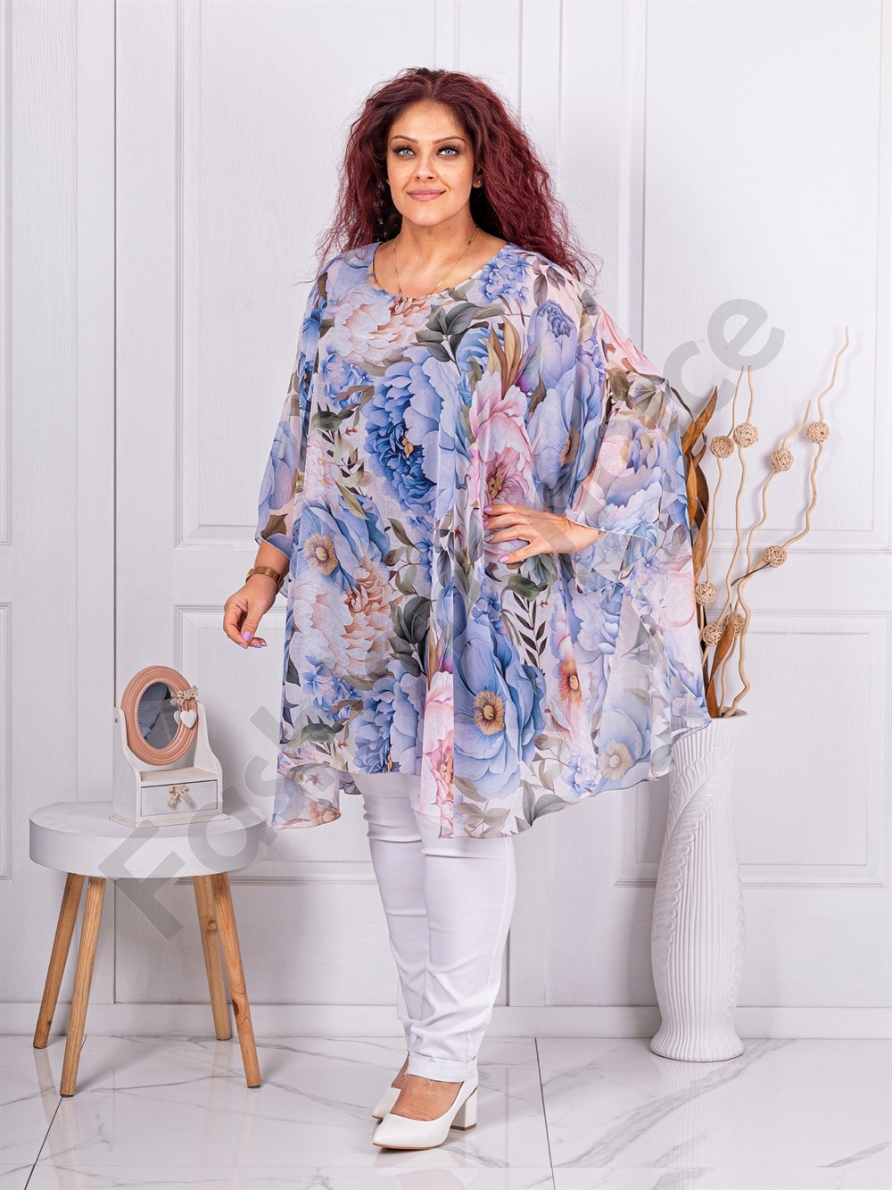 Plus size τουνίκ πόντσο φλόραλ-μπλε-κωδ 255021-7