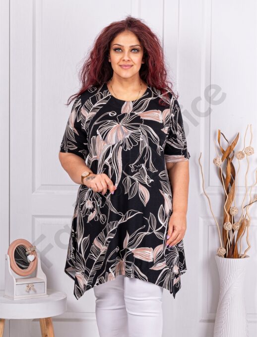 Plus size ασύμμετρη τουνίκ με μπεζ φύλλα-κωδ 25248-5