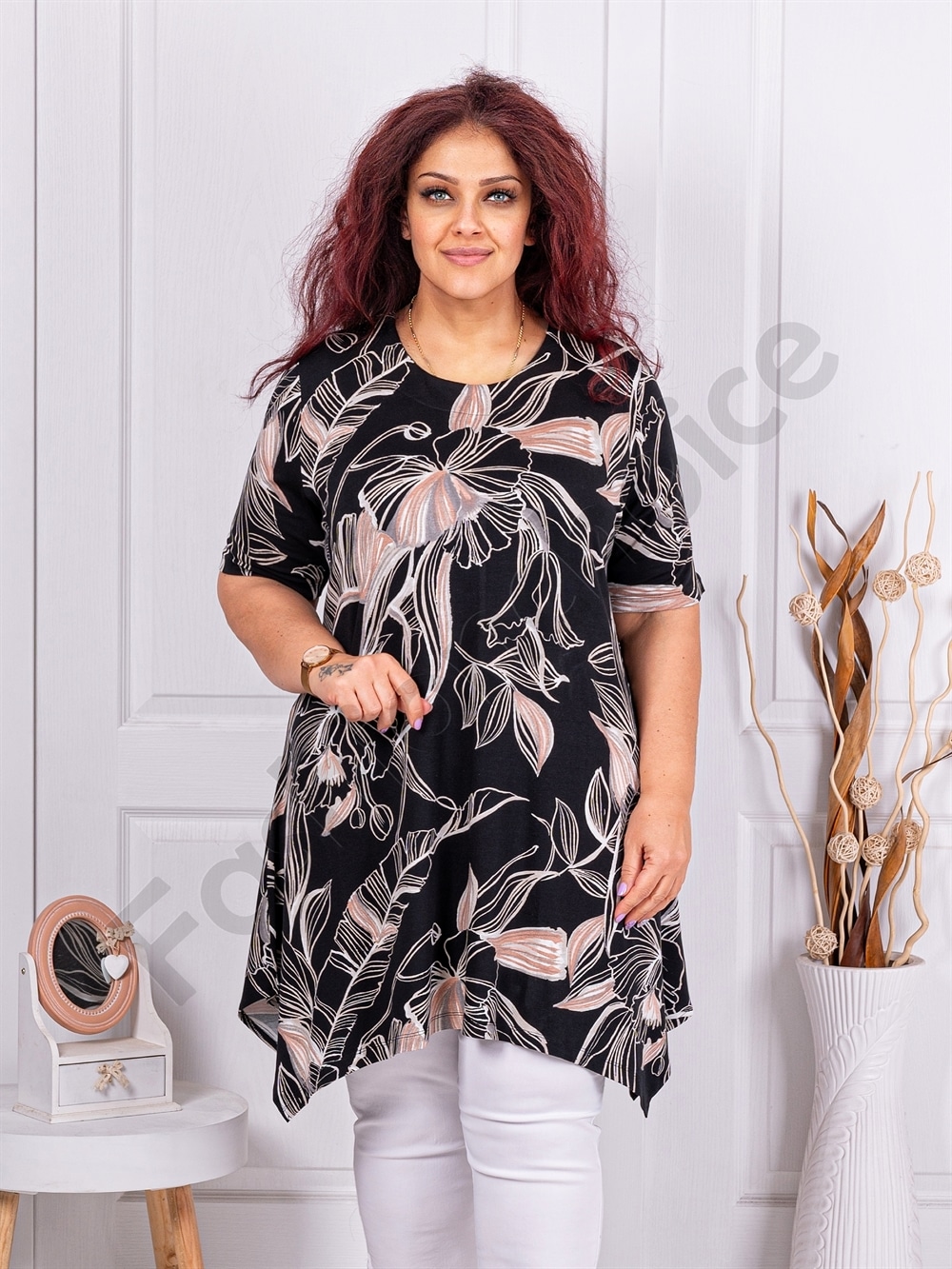 Plus size ασύμμετρη τουνίκ με μπεζ φύλλα-κωδ 25248-5