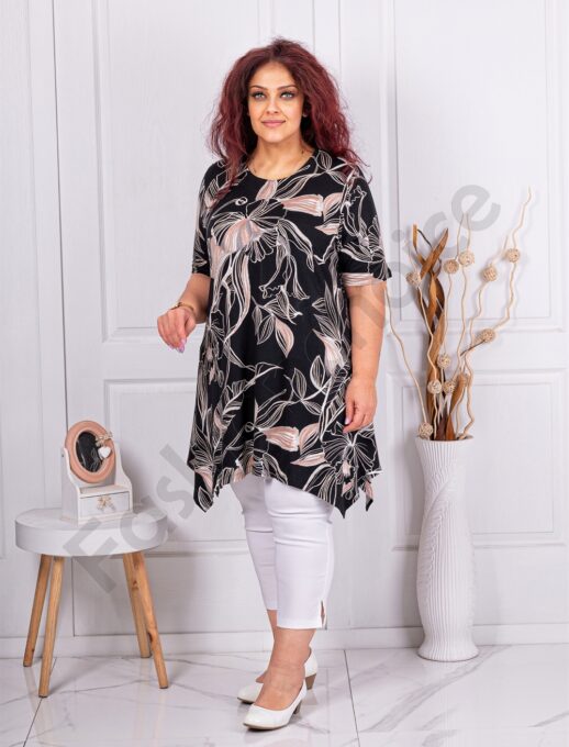 Plus size ασύμμετρη τουνίκ με μπεζ φύλλα-κωδ 25248-5