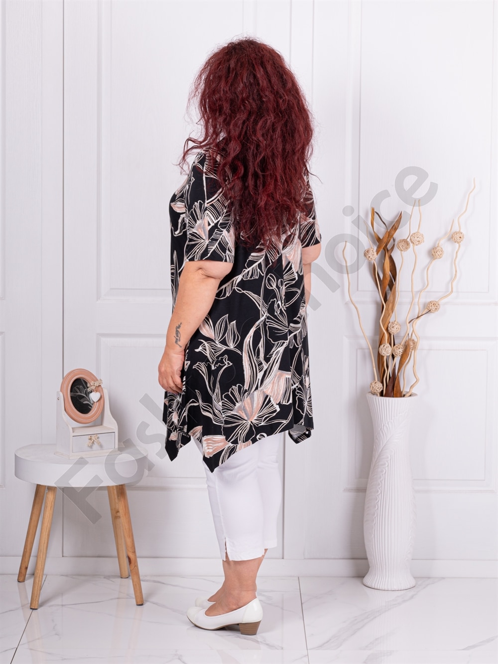 Plus size ασύμμετρη τουνίκ με μπεζ φύλλα-κωδ 25248-5