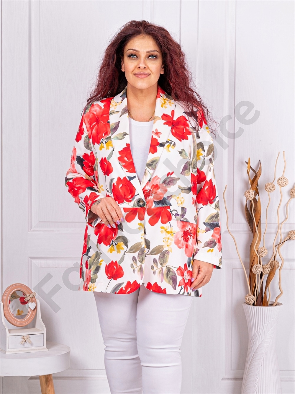 Plus size φλόραλ σακάκι-κόκκινα λουλούδια-κωδ 230463-3