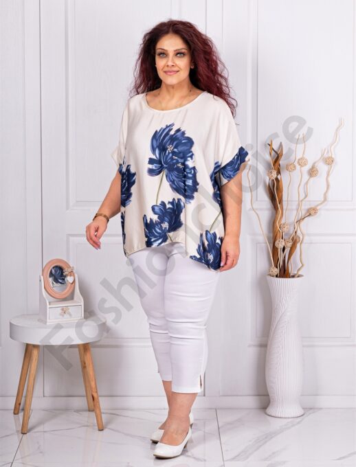 Plus size μπλούζα εκρού με μπλε λουλούδια-κωδ 50118-3
