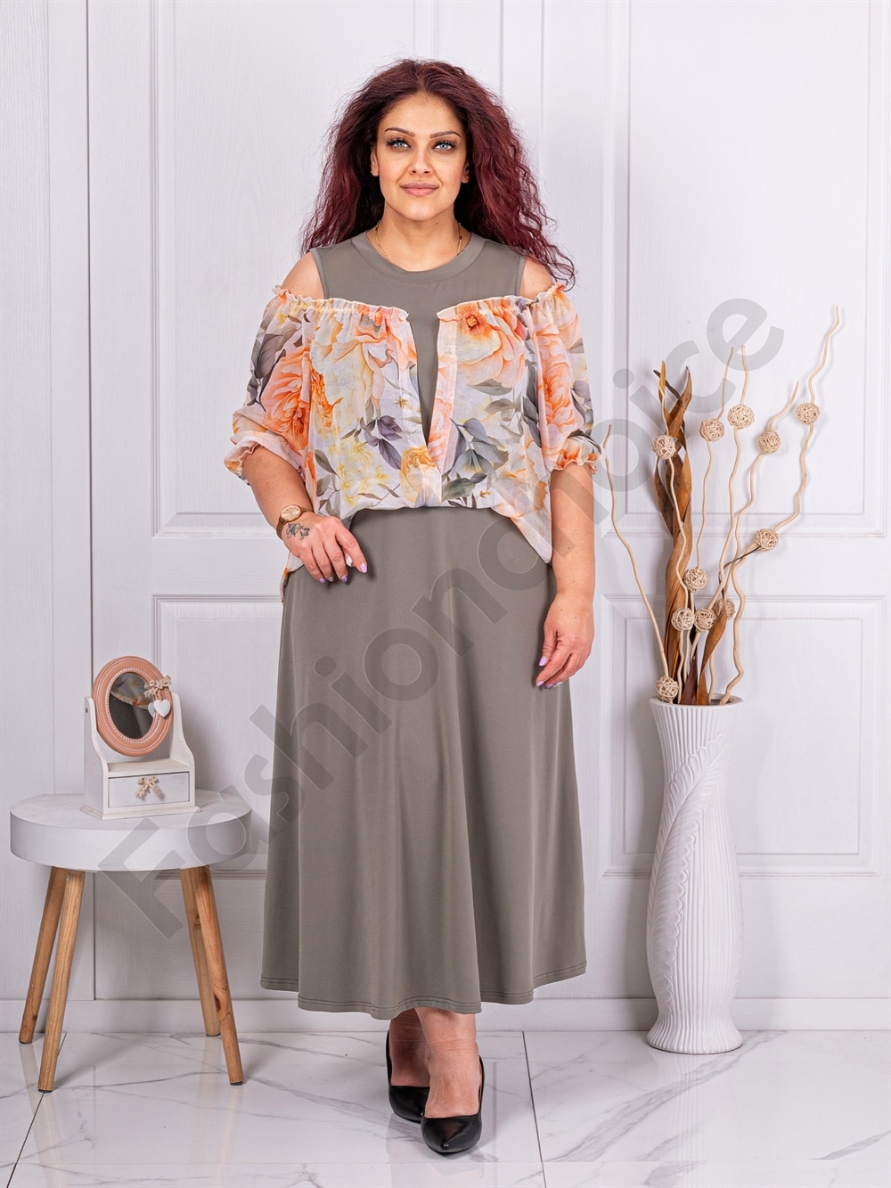 Plus size φόρεμα με ανοίγματα στους ώμους-χακί-κωδ 25005-1