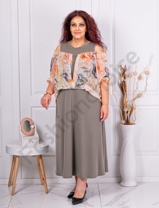 Plus size φόρεμα με ανοίγματα στους ώμους-χακί-κωδ 25005-1