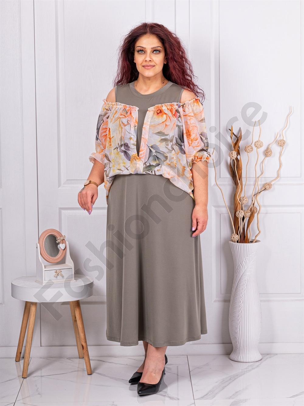 Plus size φόρεμα με ανοίγματα στους ώμους-χακί-κωδ 25005-1
