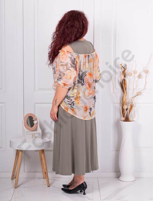 Plus size φόρεμα με ανοίγματα στους ώμους-χακί-κωδ 25005-1