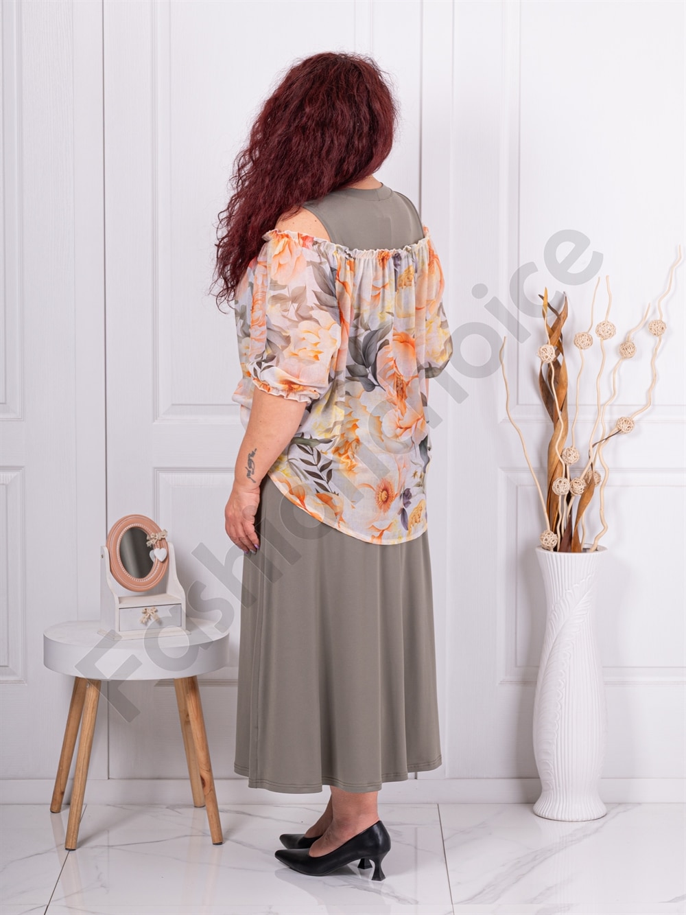 Plus size φόρεμα με ανοίγματα στους ώμους-χακί-κωδ 25005-1