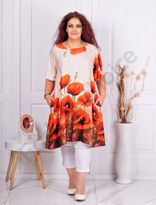 Plus size τουνίκ με παπαρούνες-εκρού-κωδ 2146-1