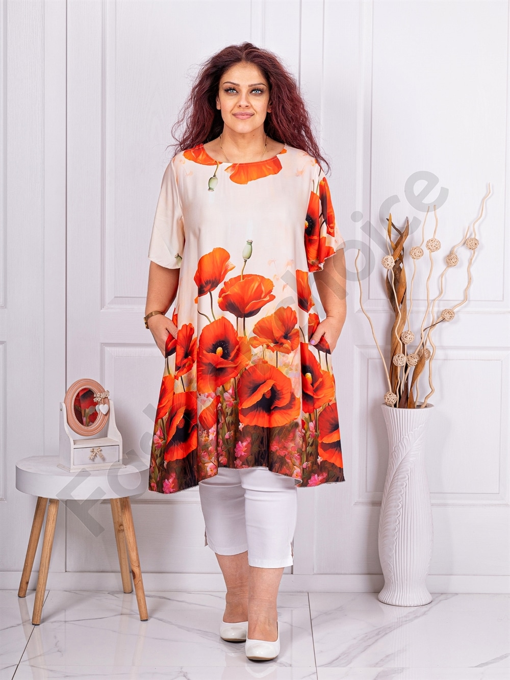 Plus size τουνίκ με παπαρούνες-εκρού-κωδ 2146-1