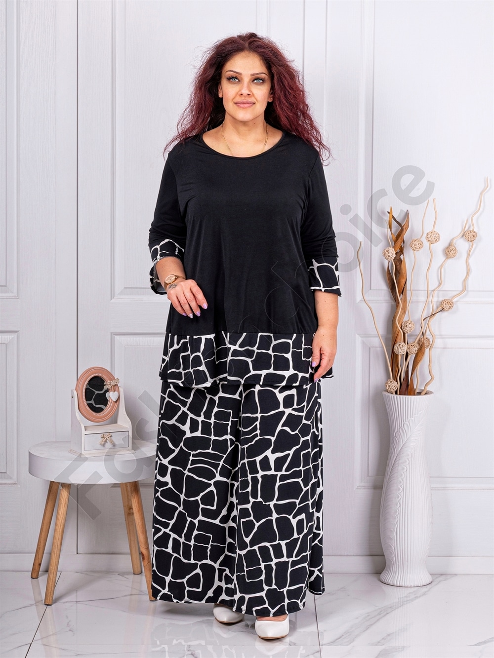 Plus size σετ μπλούζα με παντελόνα-σχέδιο μάρμαρο-κωδ 10010