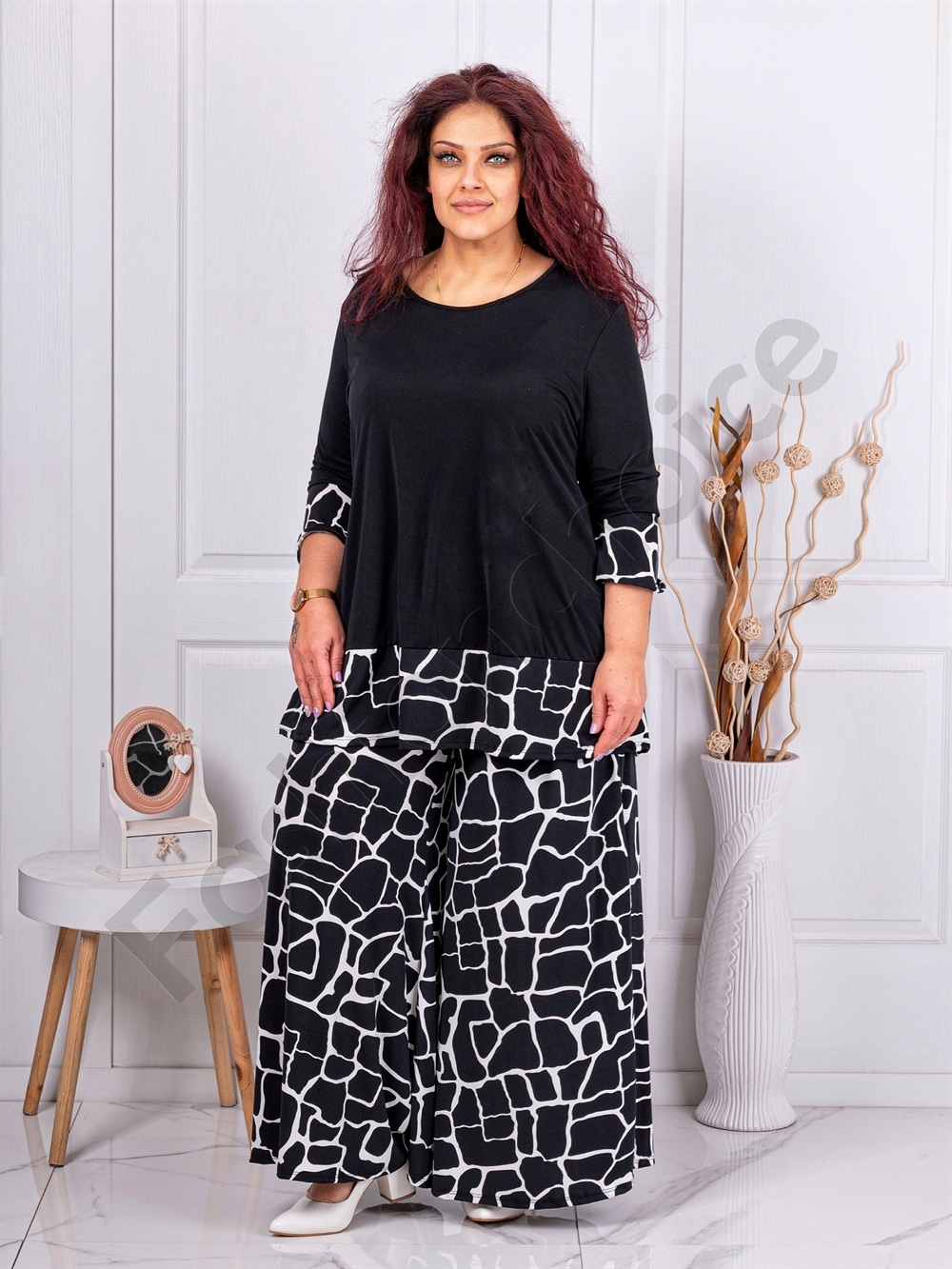 Plus size σετ μπλούζα με παντελόνα-σχέδιο μάρμαρο-κωδ 10010