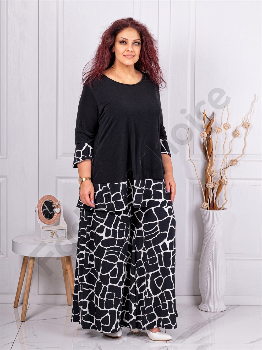 Plus size σετ μπλούζα με παντελόνα-σχέδιο μάρμαρο-κωδ 10010