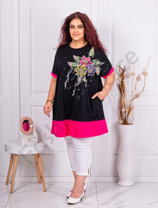 Plus size τουνίκ με λουλούδια και πέρλες-φούξια-κωδ 1661-1
