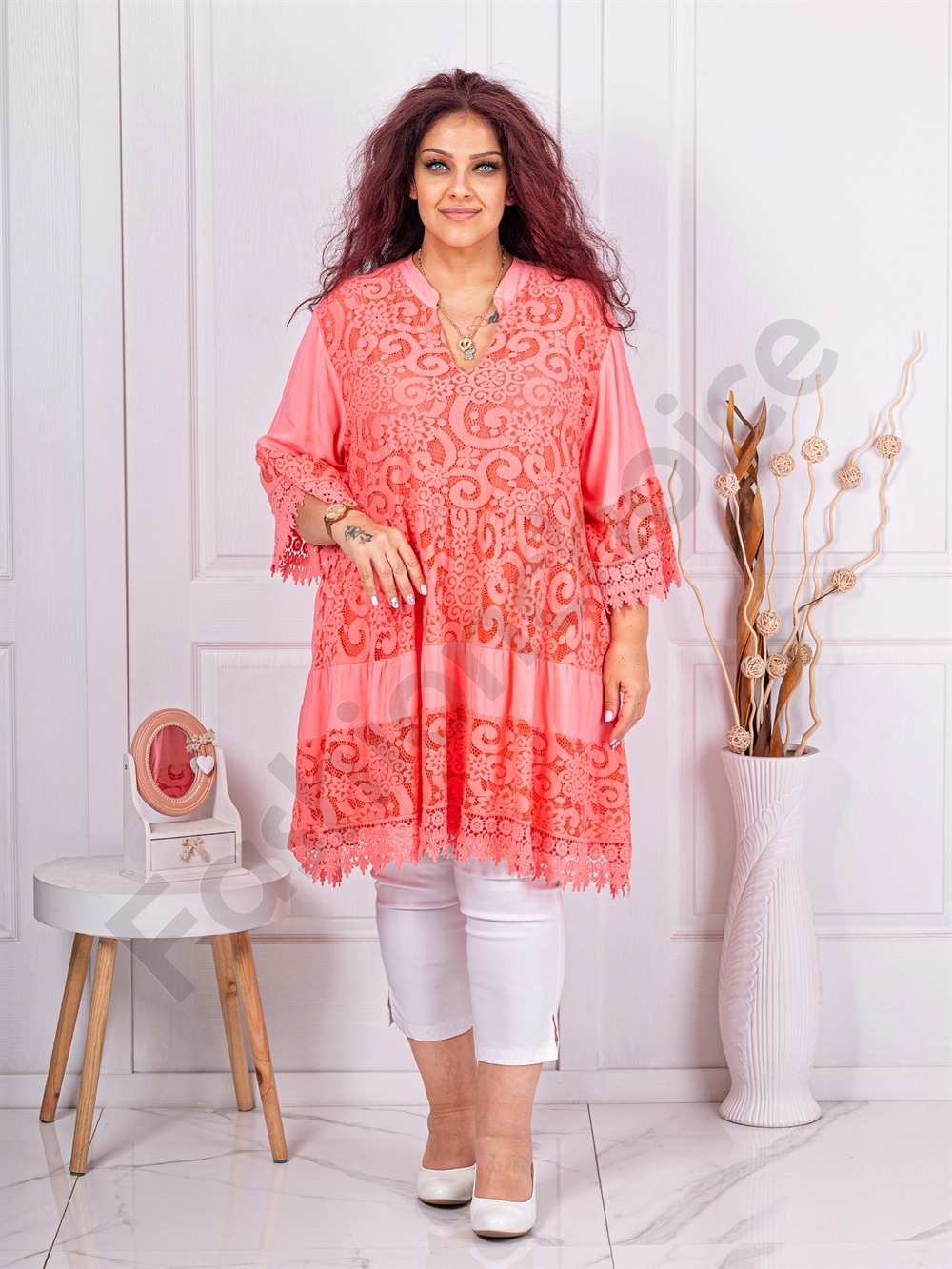 Plus size τουνίκ με δαντέλα-κοραλί-κωδ 3003-1