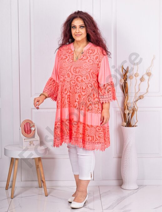 Plus size τουνίκ με δαντέλα-κοραλί-κωδ 3003-1