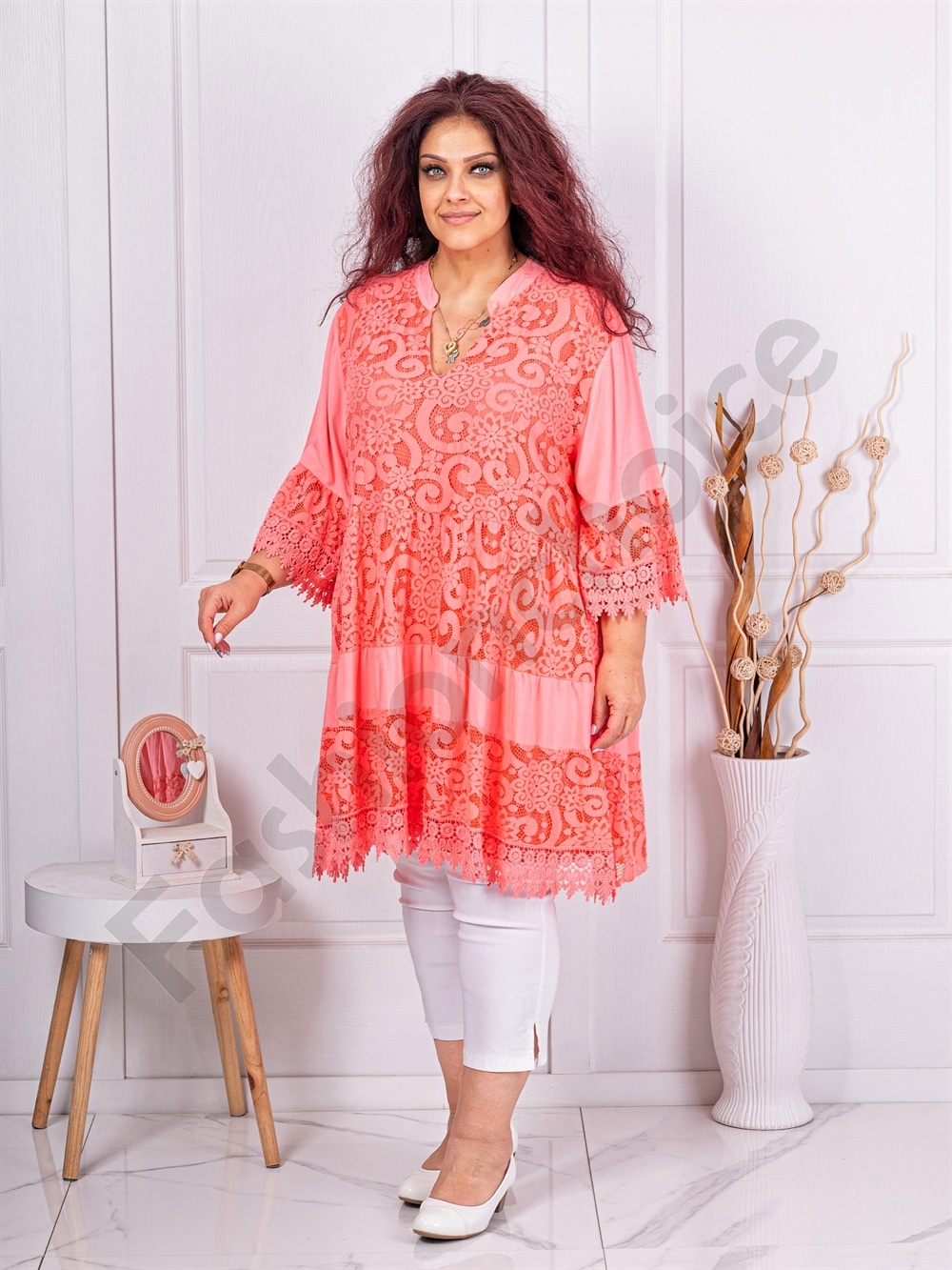 Plus size τουνίκ με δαντέλα-κοραλί-κωδ 3003-1