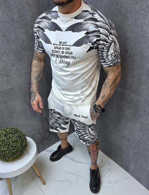 Ανδρικό σετ T-Shirt και βερμούδα με επιγραφές-εκρού-κωδ 2523-1