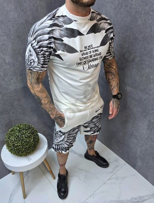 Ανδρικό σετ T-Shirt και βερμούδα με επιγραφές-εκρού-κωδ 2523-1