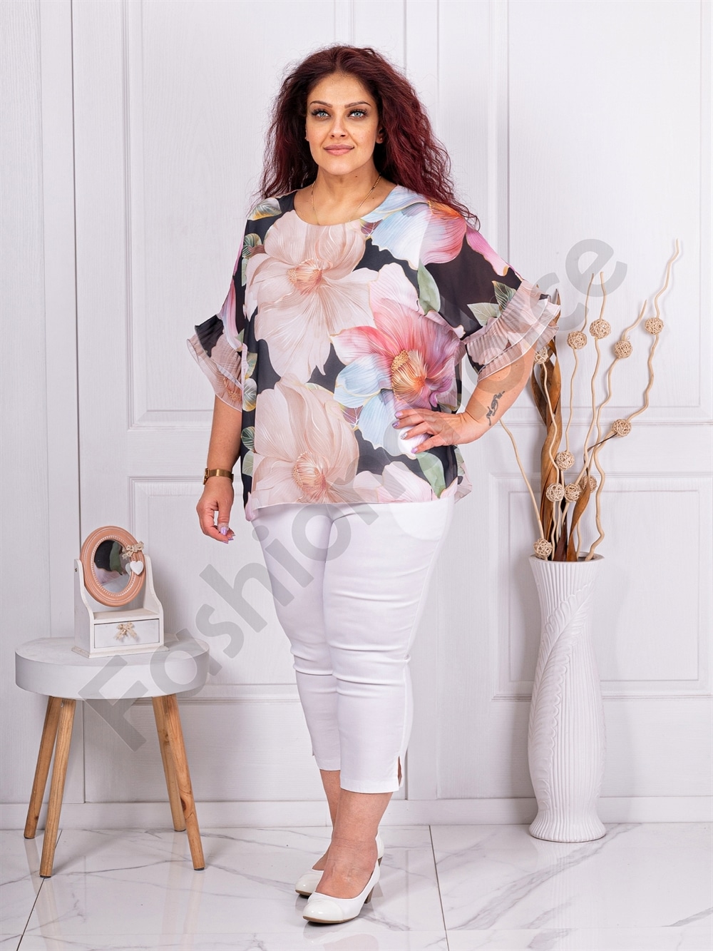 Plus size σιφόν μπλούζα φλόραλ-μαύρο-κωδ 50245