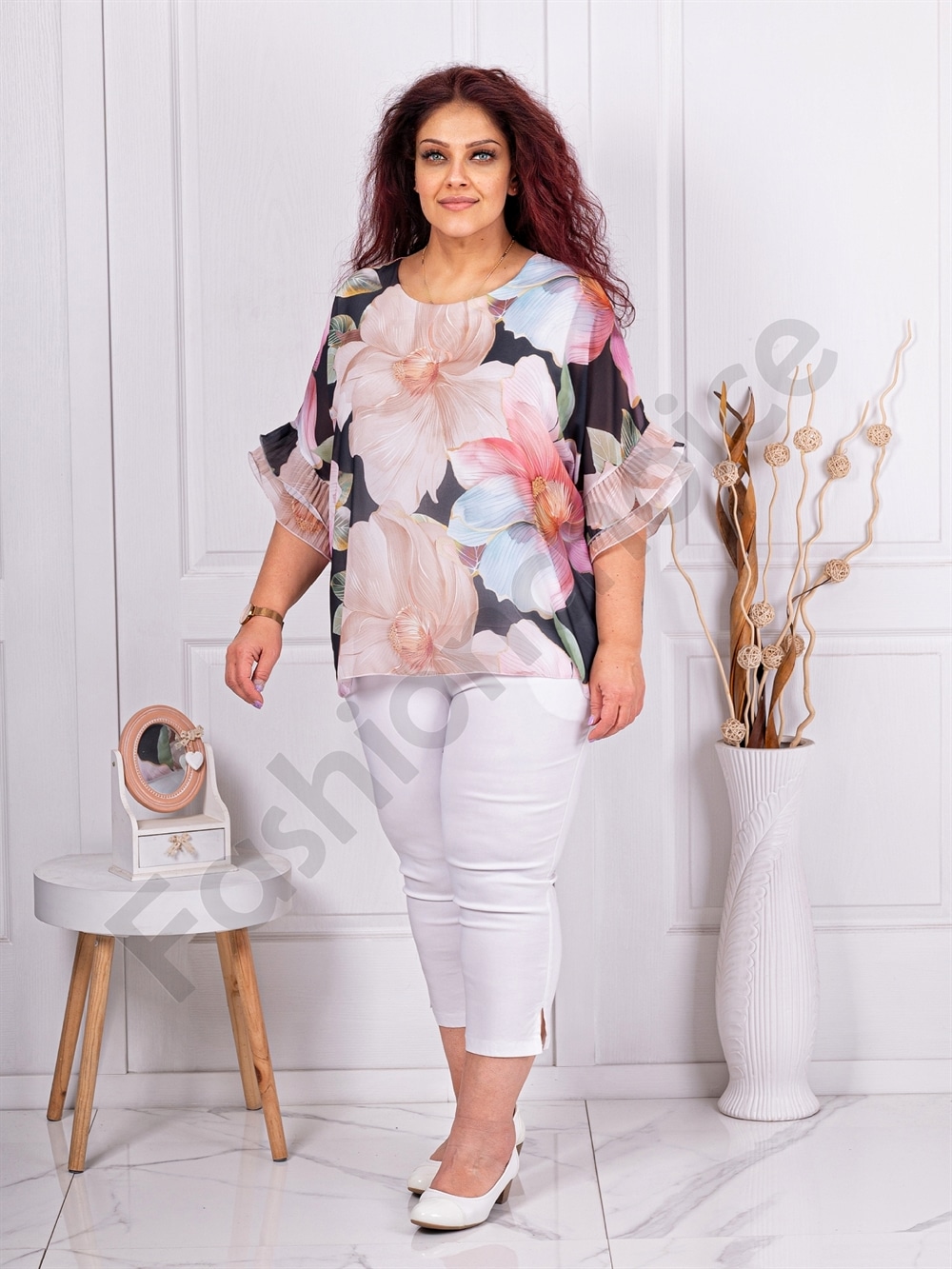 Plus size σιφόν μπλούζα φλόραλ-μαύρο-κωδ 50245