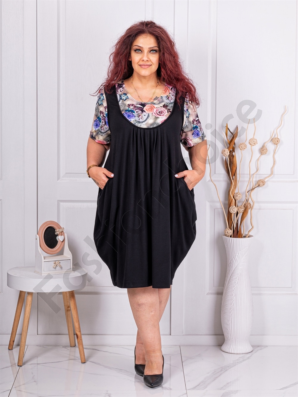 Plus size φόρεμα balloon με τριαντάφυλλα-κωδ 25011