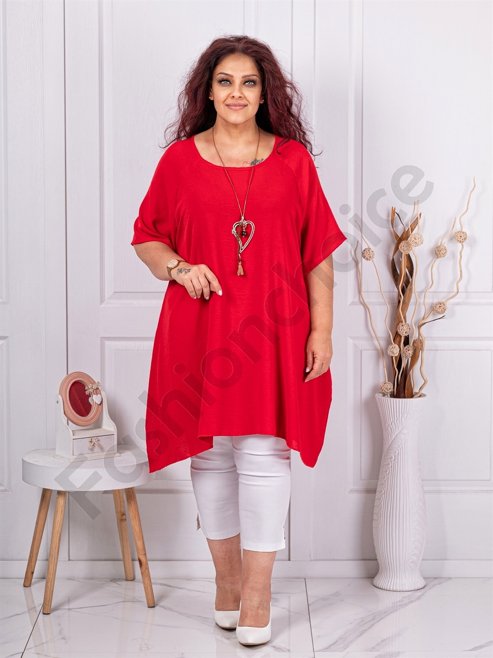 Plus size τουνίκ με δώρο κολιέ-κόκκινο-κωδ 19592-7