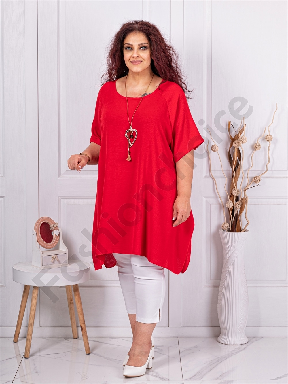 Plus size τουνίκ με δώρο κολιέ-κόκκινο-κωδ 19592-7
