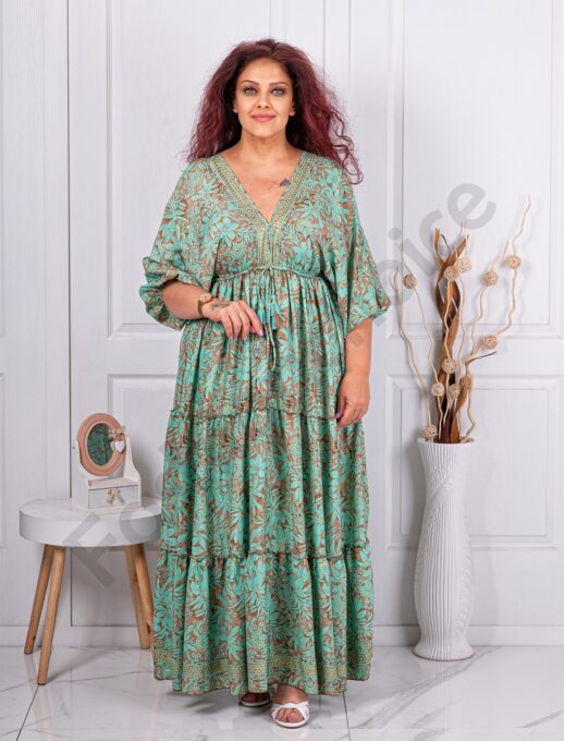 Plus size μεταξωτό φόρεμα με βολάν και λουλούδια-μέντα-κωδ G28-2