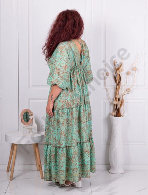 Plus size μεταξωτό φόρεμα με βολάν και λουλούδια-μέντα-κωδ G28-2