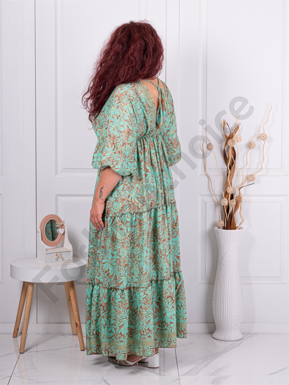 Plus size μεταξωτό φόρεμα με βολάν και λουλούδια-μέντα-κωδ G28-2