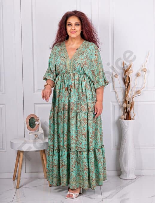 Plus size μεταξωτό φόρεμα με βολάν και λουλούδια-μέντα-κωδ G28-2