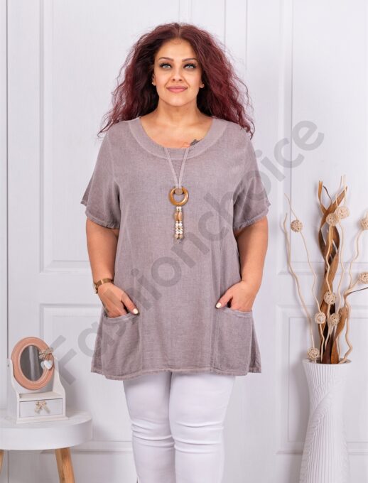 Plus size μπλούζα από λινό και βαμβάκι-μόκα-κωδ 7753-7