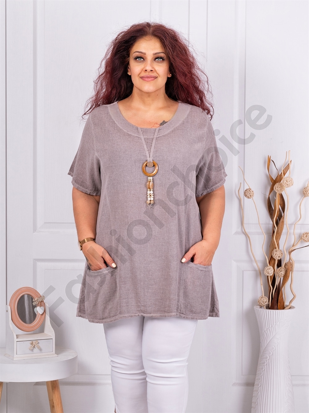 Plus size μπλούζα από λινό και βαμβάκι-μόκα-κωδ 7753-7