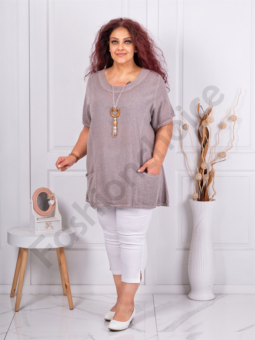 Plus size μπλούζα από λινό και βαμβάκι-μόκα-κωδ 7753-7