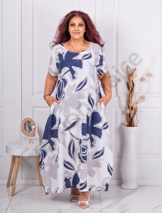 Plus size φλοράλ φόρεμα 100% λινό-λευκό-κωδ 91314