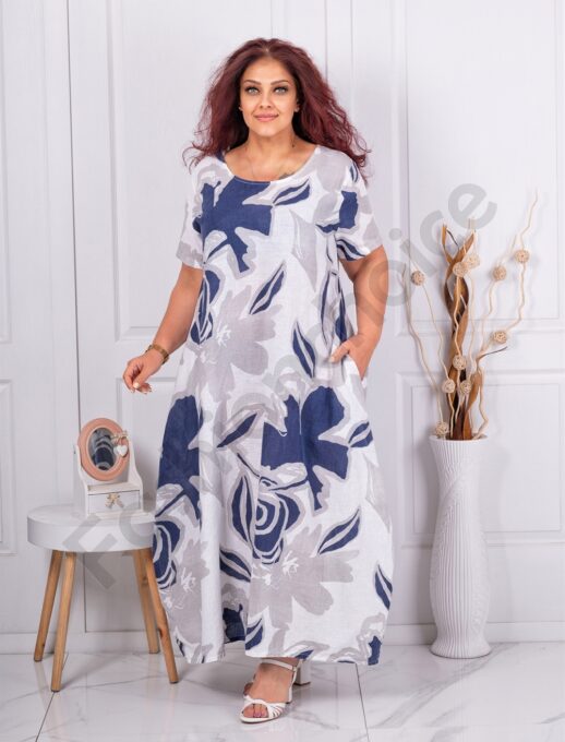 Plus size φλοράλ φόρεμα 100% λινό-λευκό-κωδ 91314