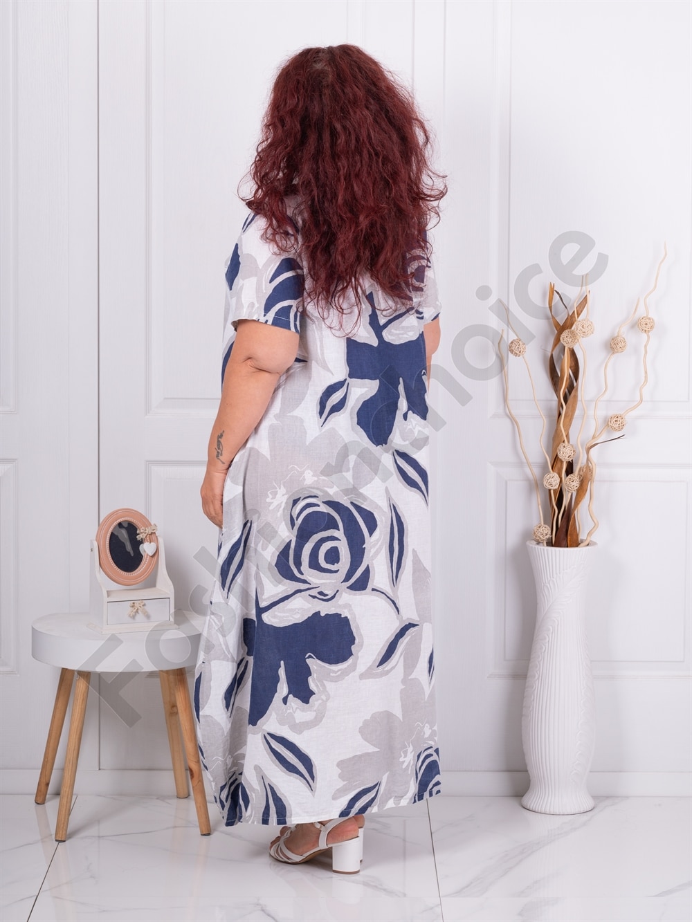Plus size φλοράλ φόρεμα 100% λινό-λευκό-κωδ 91314