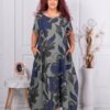 Plus size φλοράλ φόρεμα 100% λινό-χακί-κωδ 91314-2