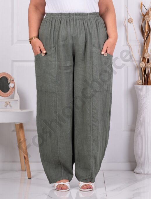 Plus size παντελόνι 100% λινό-χακί-κωδ 6503-2