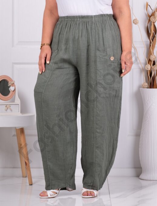 Plus size παντελόνι 100% λινό-χακί-κωδ 6503-2