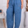Plus size παντελόνι 100% λινό-μπλε-κωδ 6503-4