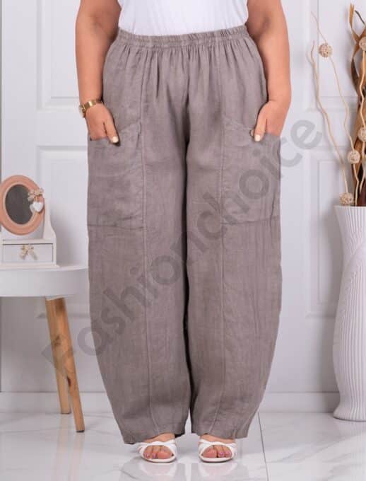 Plus size παντελόνι 100% λινό-μόκα-κωδ 6503-3