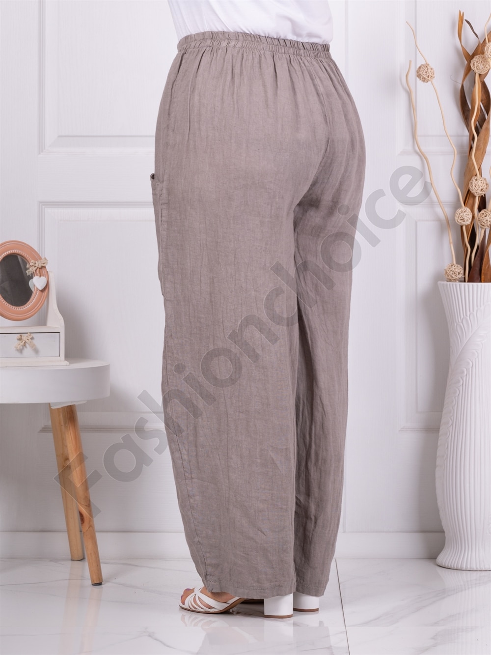 Plus size παντελόνι 100% λινό-μόκα-κωδ 6503-3