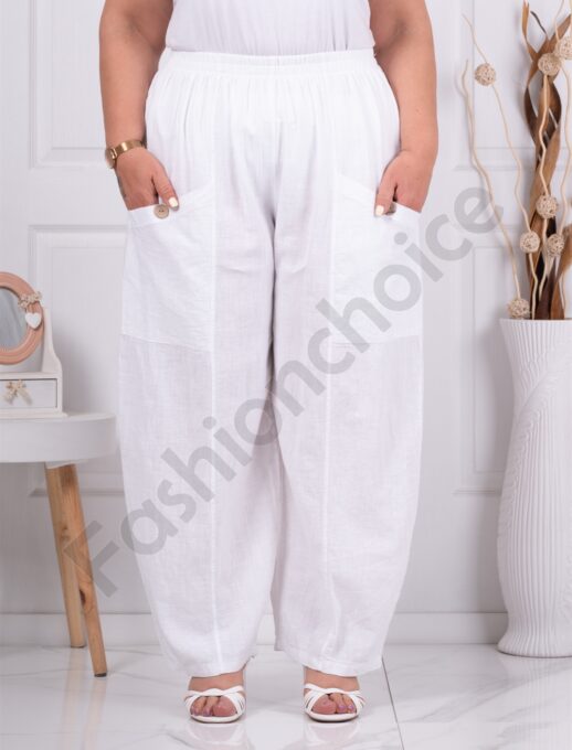 Plus size παντελόνι 100% λινό-λευκό-κωδ 6503-1